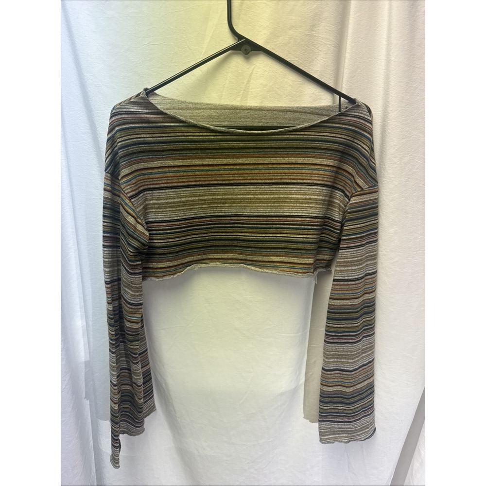 Romwe Long Sleeve Earthy Color Striped Crop Top Size Small Bell Sleeve Boho